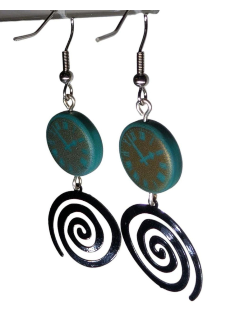 Time Travel Clock Earrings, Timey Wimey Jewelry, Czech Glass Clock Dangle - Picture 6 of 6